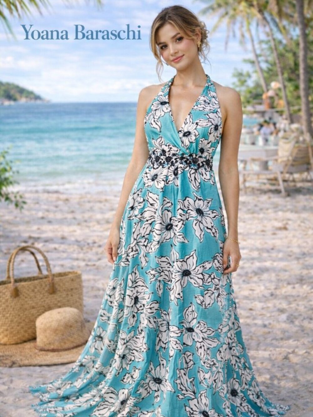 Yoana Baraschi Tropical Maxi Dress Size 6 Sleeveless Floral Teal Resort Summer